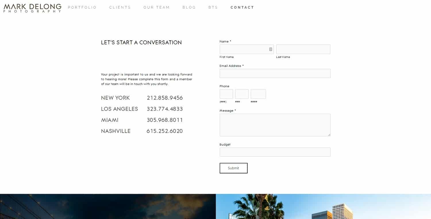 Photography site "Contact" page