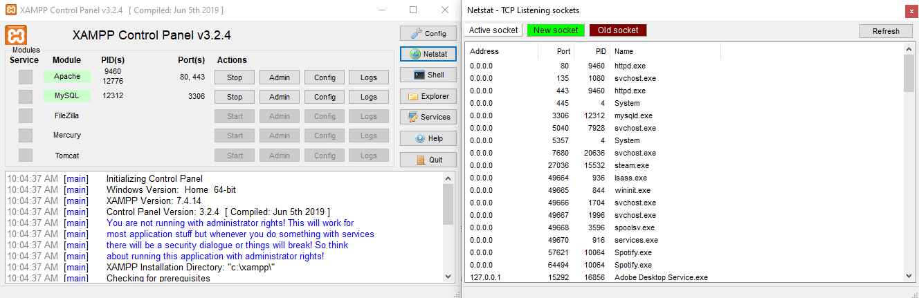 A list of ports in Netstat.