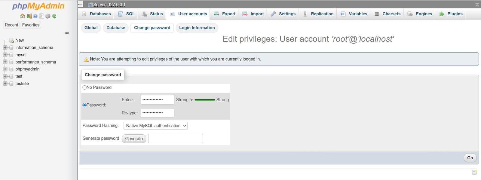 Cambiare la password di root in phpMyAdmin.