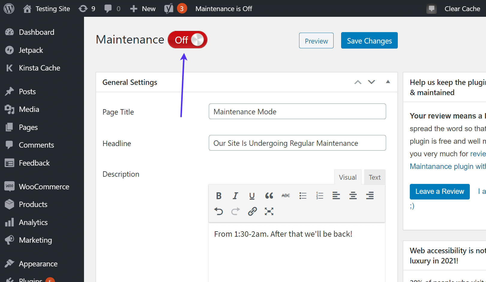 Régler la page de maintenance sur « On » ou « Off »