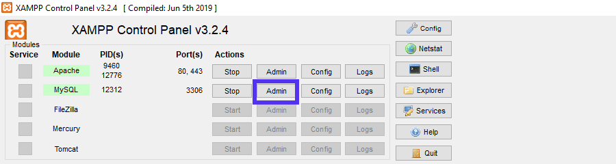 Accedere a phpMyAdmin dal pannello di controllo di XAMPP.