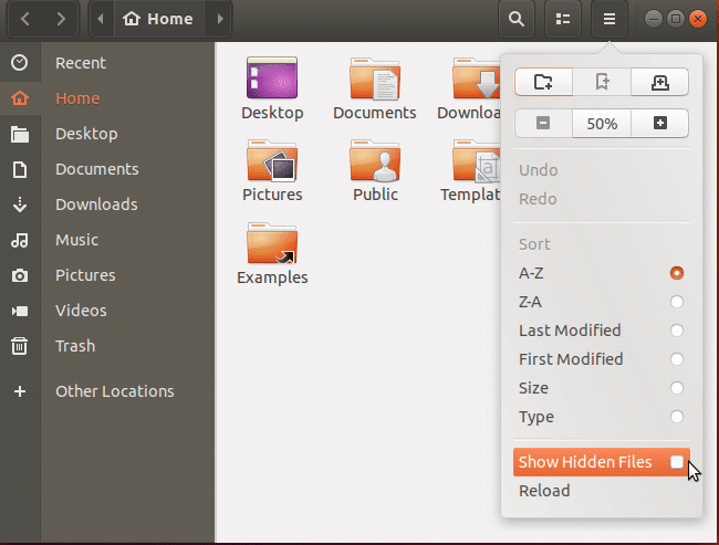 Diálogo modal del explorador de archivos de Ubuntu que muestra los archivos ocultos 