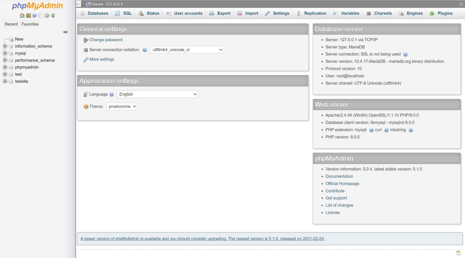 The phpMyAdmin interface.