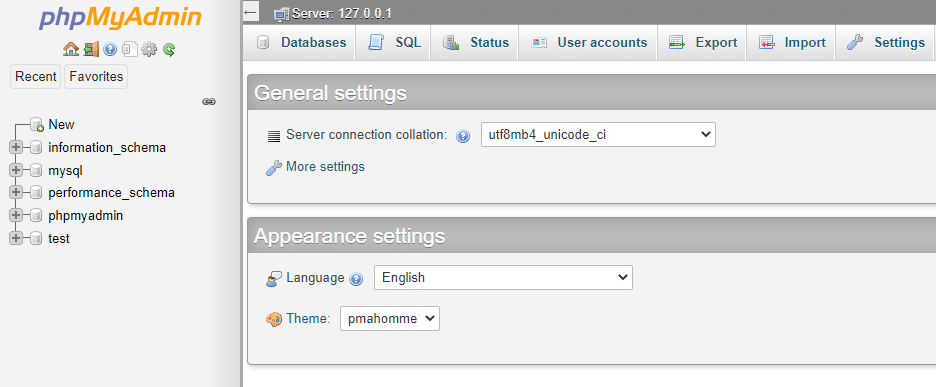 A phpMyAdmin control panel.