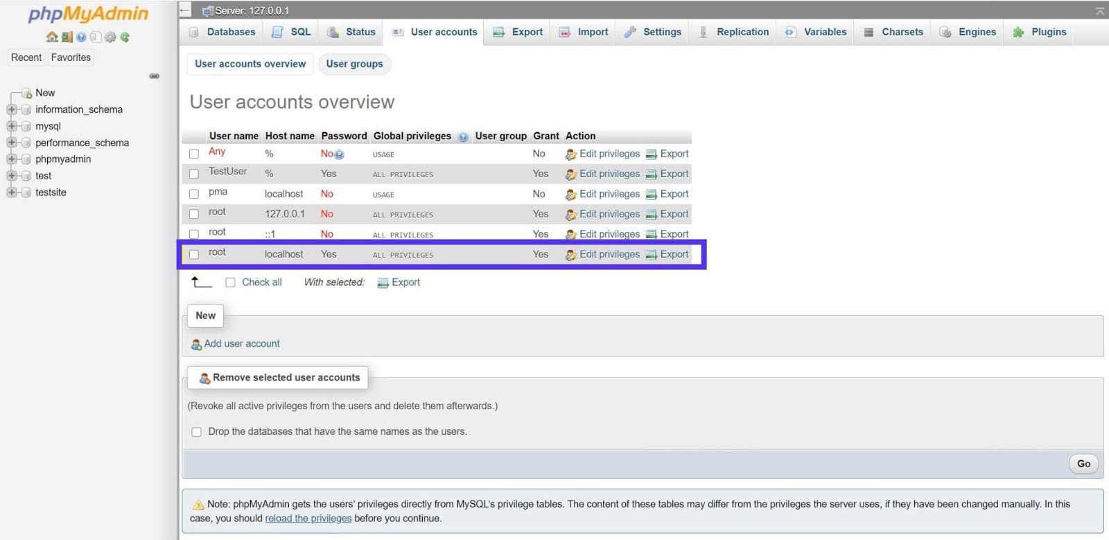 The root user in phpMyAdmin.