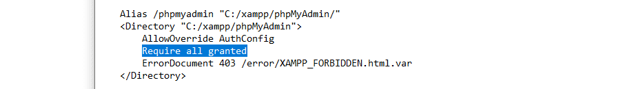 Modifying httpd-xampp.conf so it doesn’t block access to the database.