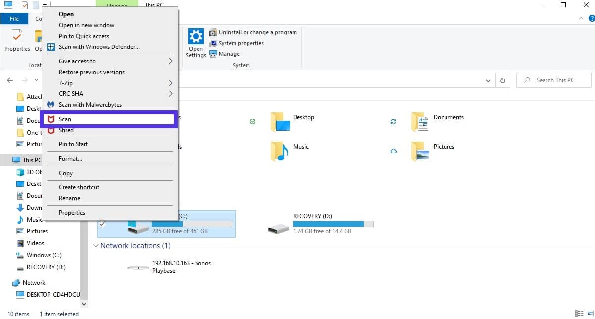 Option to scan the computer for malicious files.