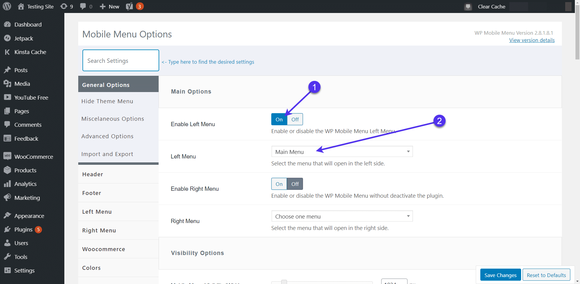 Définir les options du menu mobile