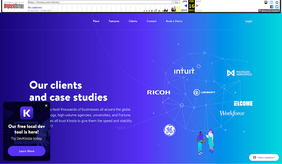 Une page Kinsta archivée sur la Wayback Machine.