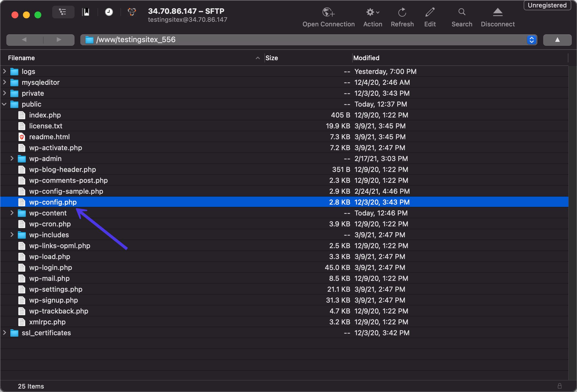 Find the wp-config file 