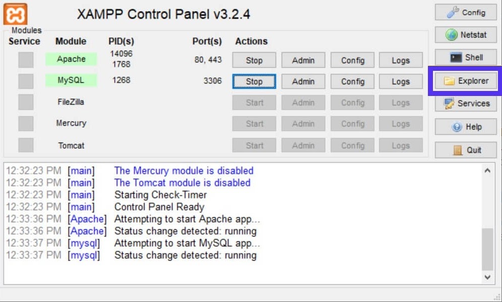 De Explorer knop in het XAMPP Control Panel.