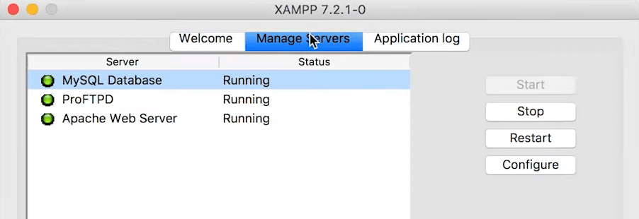 Painel de controle MacOS do XAMPP.