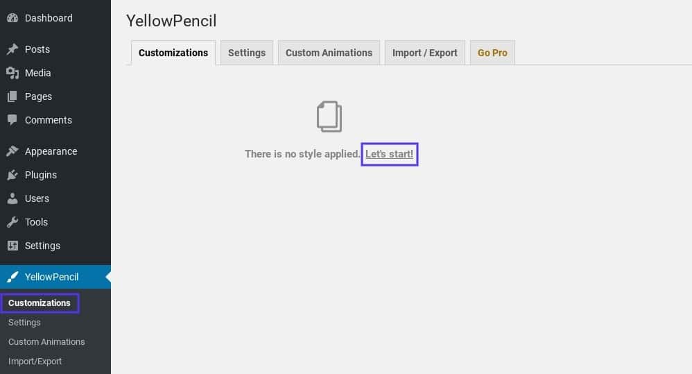 La página de "Personalizaciones" del plugin YellowPencil de WordPress