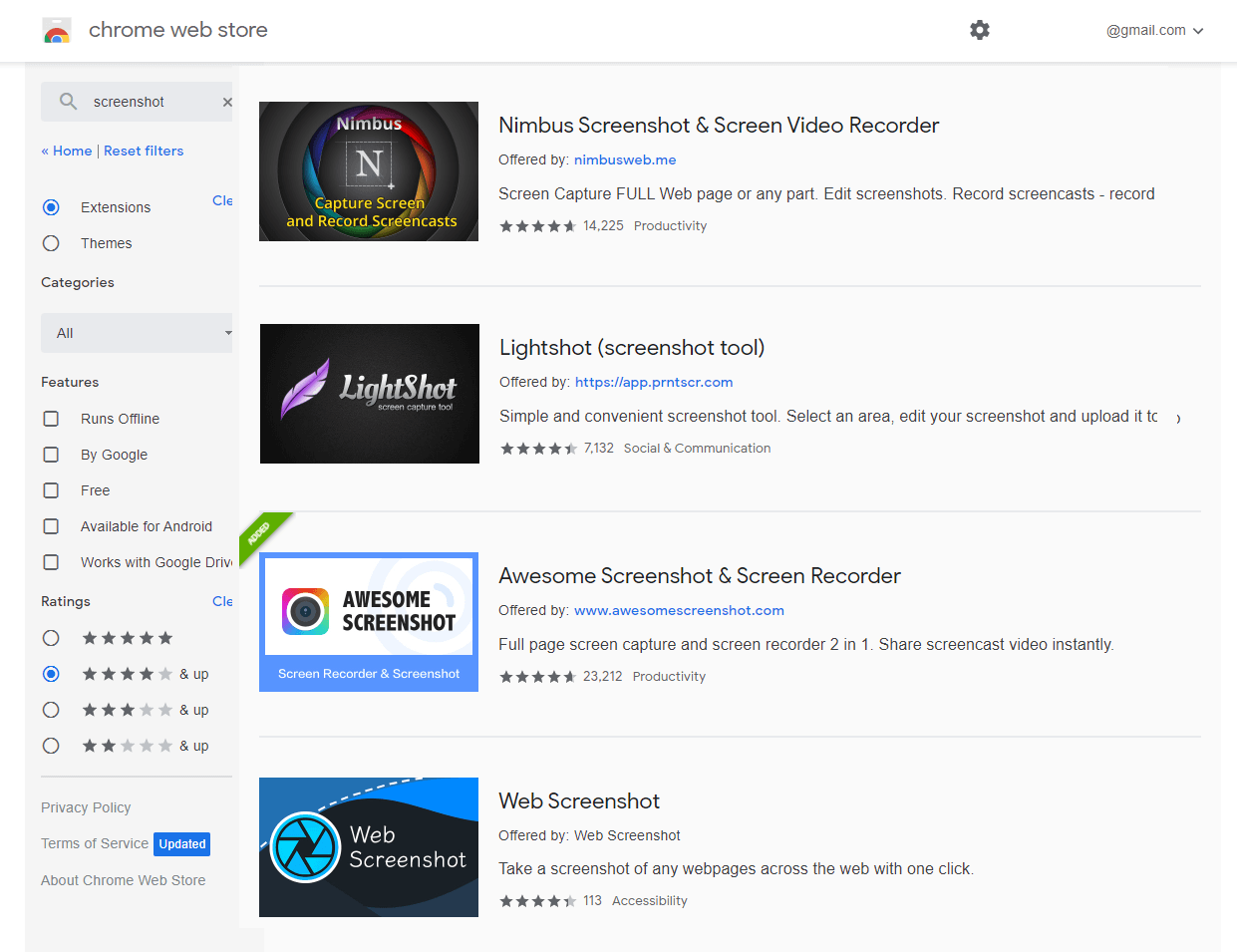 Screenshot extensions in Chrome Web Store.