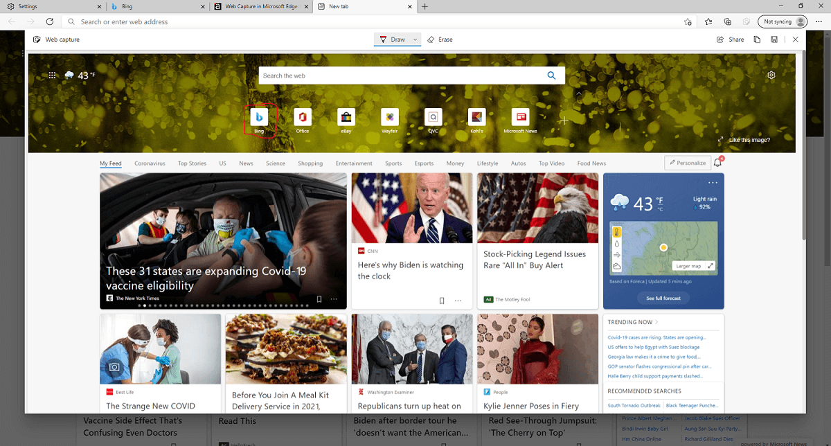 Uno screenshot a tutta pagina in Edge.