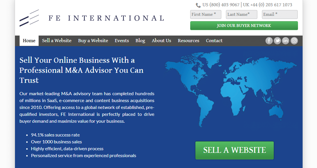 Homepage del sito web di FE International.