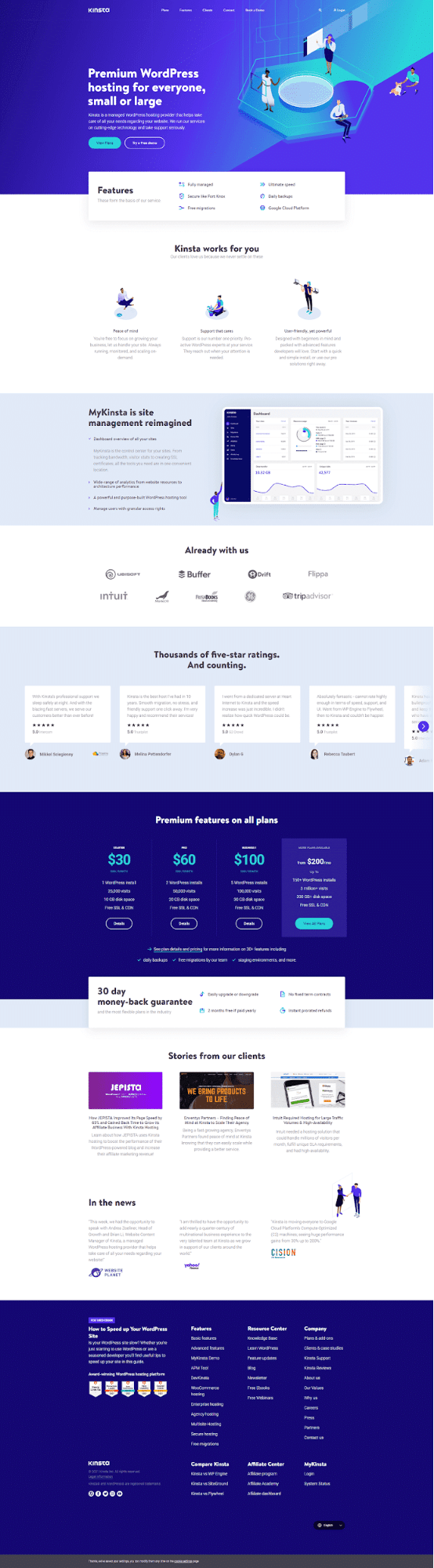 A full-page screenshot of the Kinsta homepage.