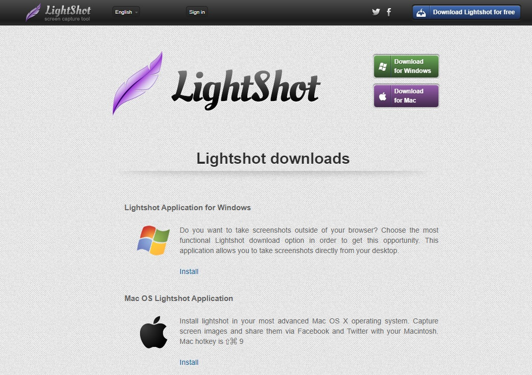 LightShotのダウンロードページ