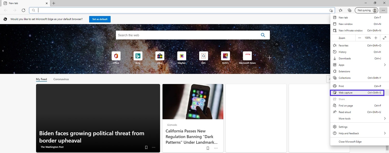 Microsoft Edge menu showing the location of “Web capture” option.
