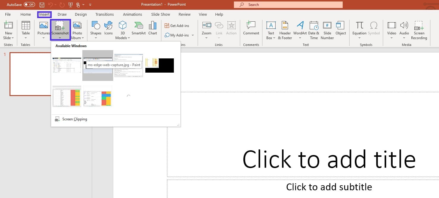 Fare uno screenshot in PowerPoint.
