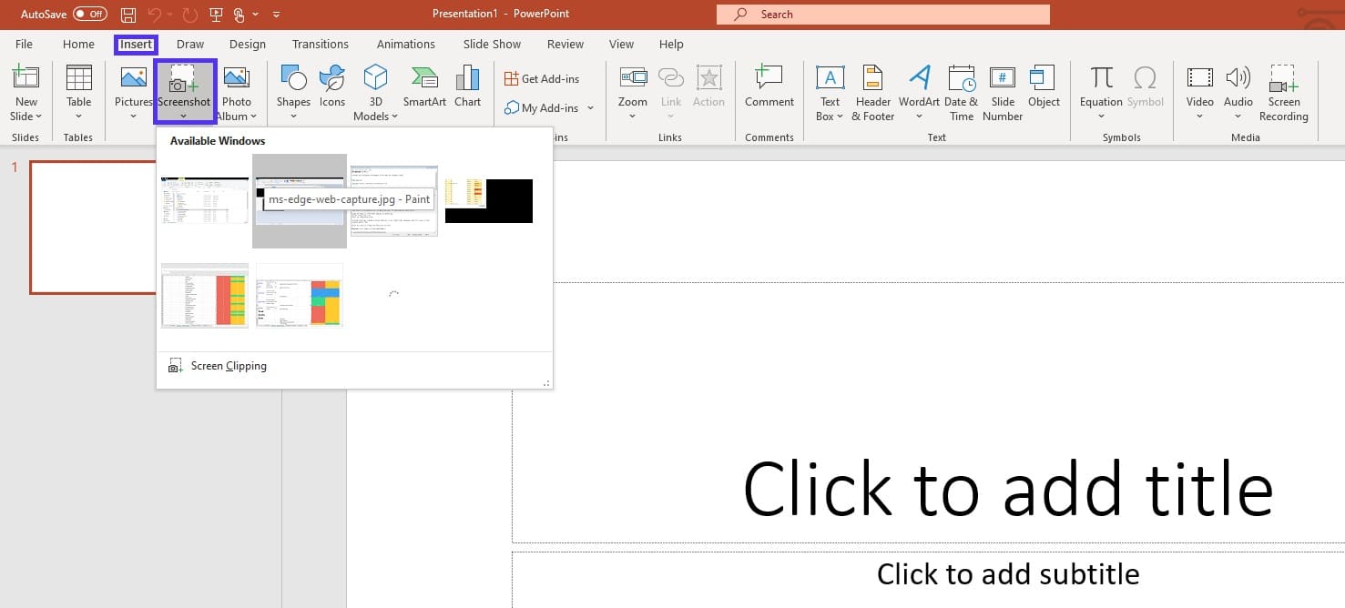 Taking a screenshot through PowerPoint.