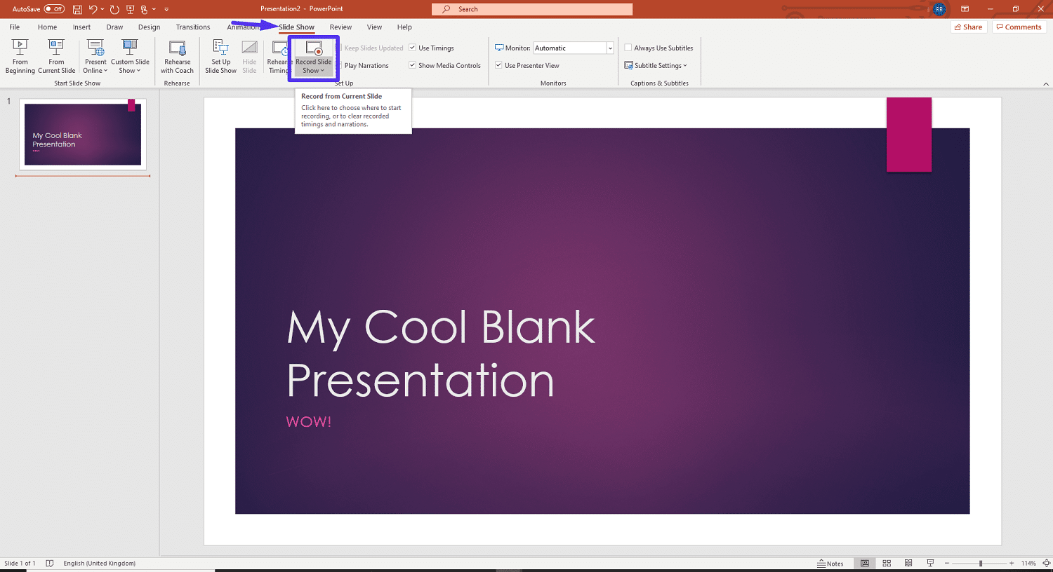 Il menu Slide Show di PowerPoint.