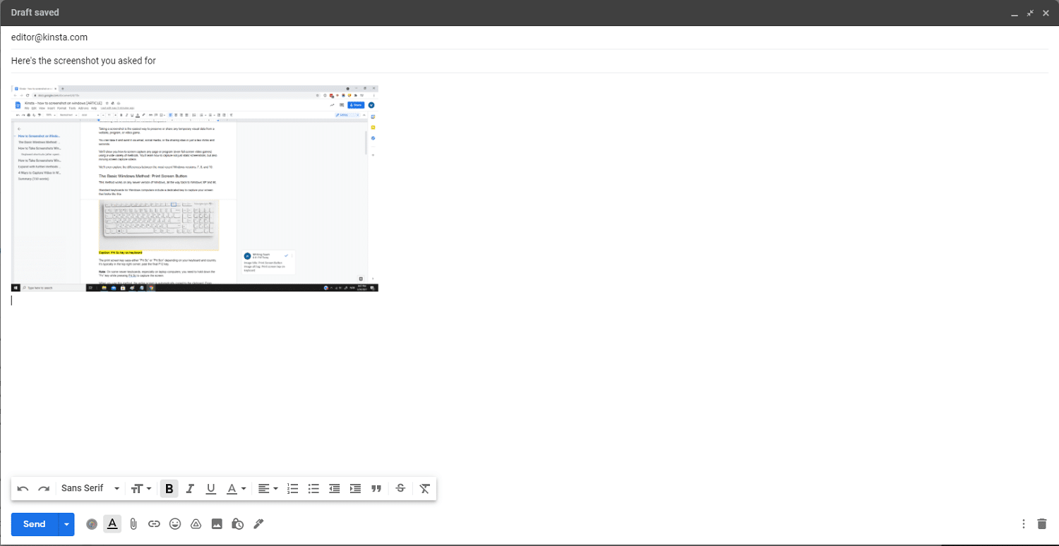 Inserting a screenshot in Gmail.