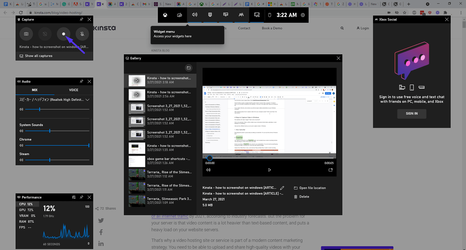 Schermata di registrazione della Xbox Game Bar.