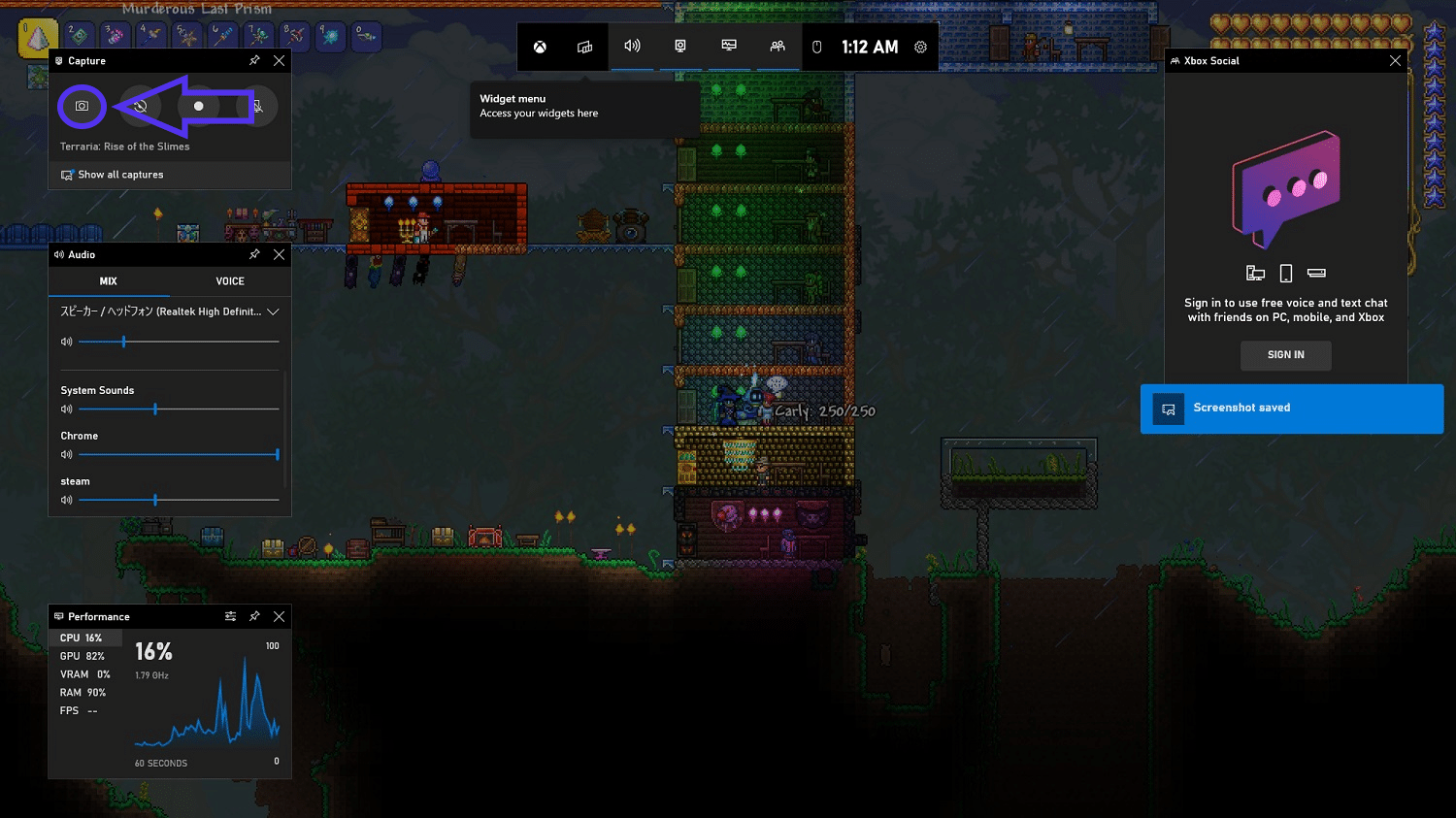 Xbox Game Bar Terraria Screenshot.