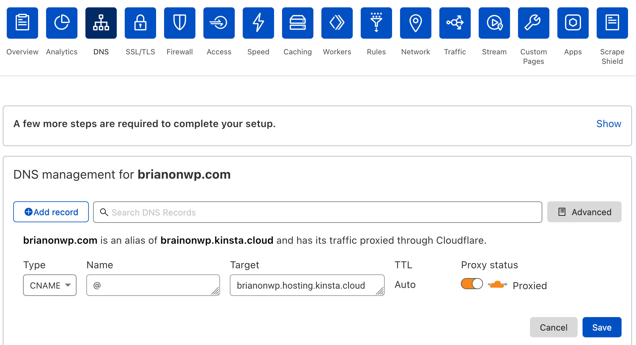 Voeg een CNAME toe voor je rootdomein in Cloudflare.