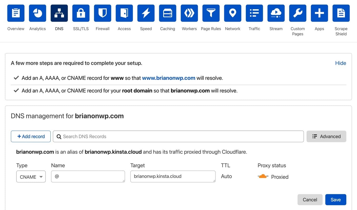 Cree un nuevo registro CNAME en Cloudflare.