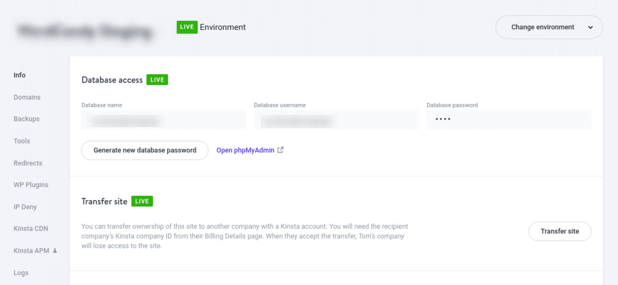 Fanen "Info" i MyKinsta-dashboardet.