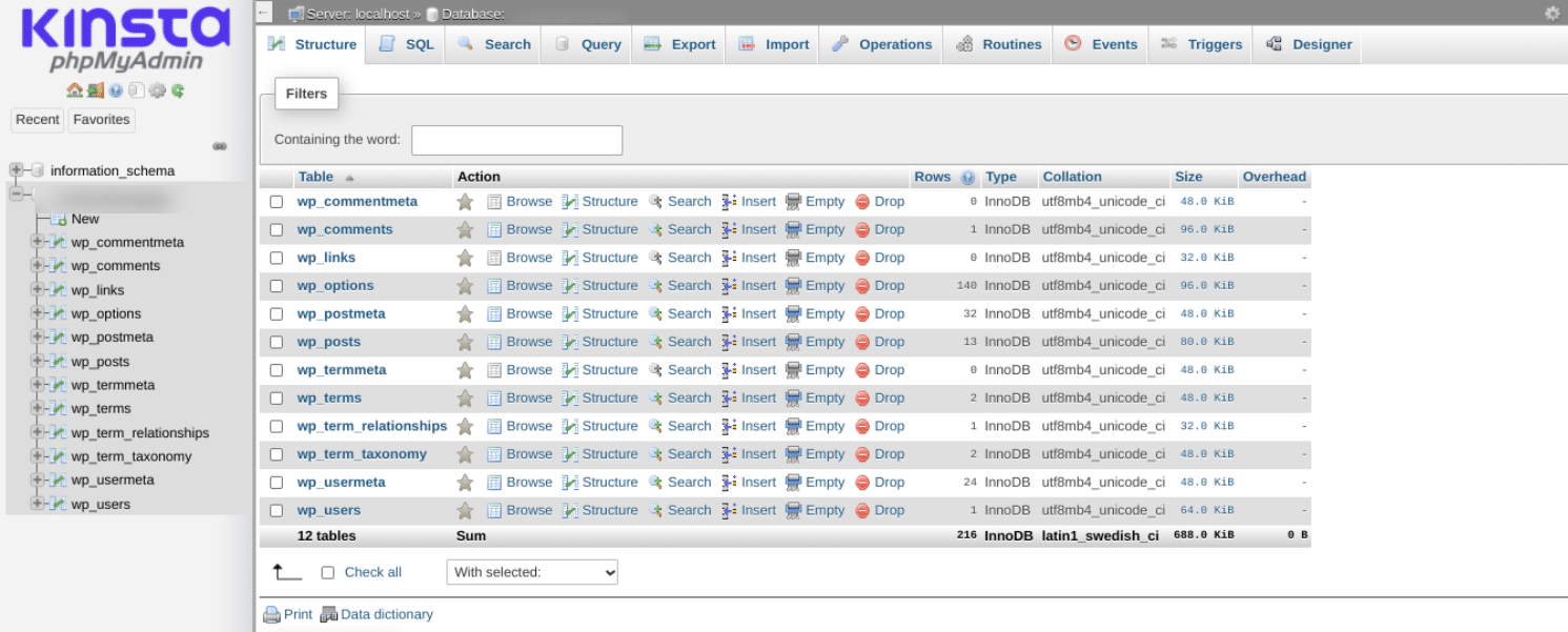 WordPress-databastabeller i phpMyAdmin.