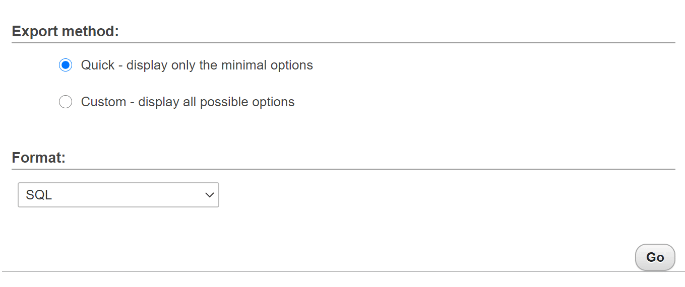 a webhely táblázatainak exportálása a phpMyAdmin - ból.