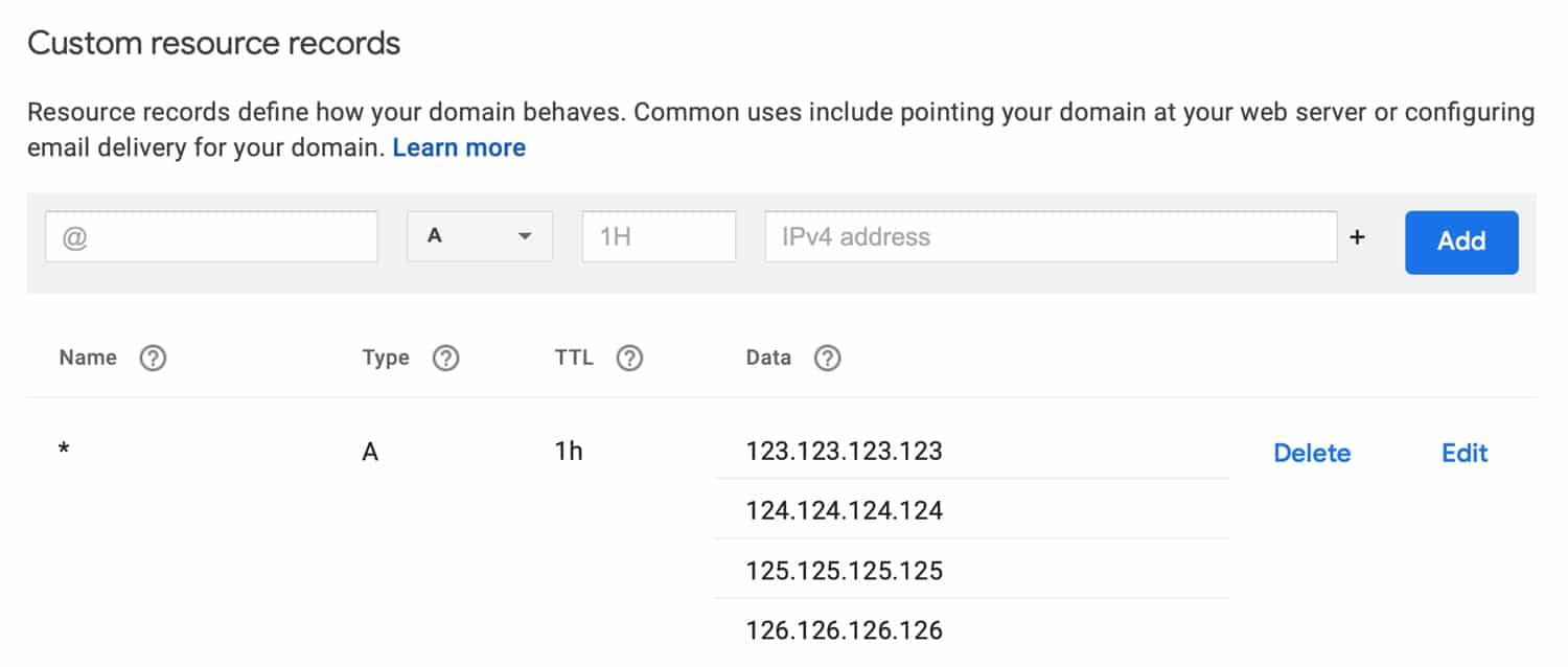 Sub-domínio wildcard apontando para múltiplos endereços IP.