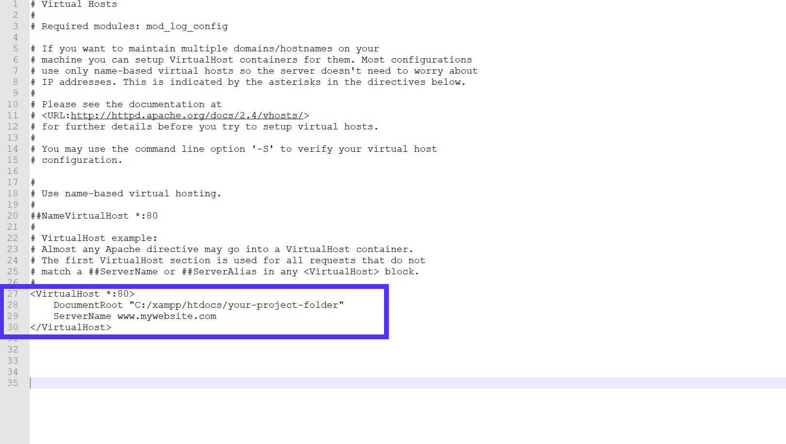 The updated DocumentRoot line in the httpd-vhosts.conf file.