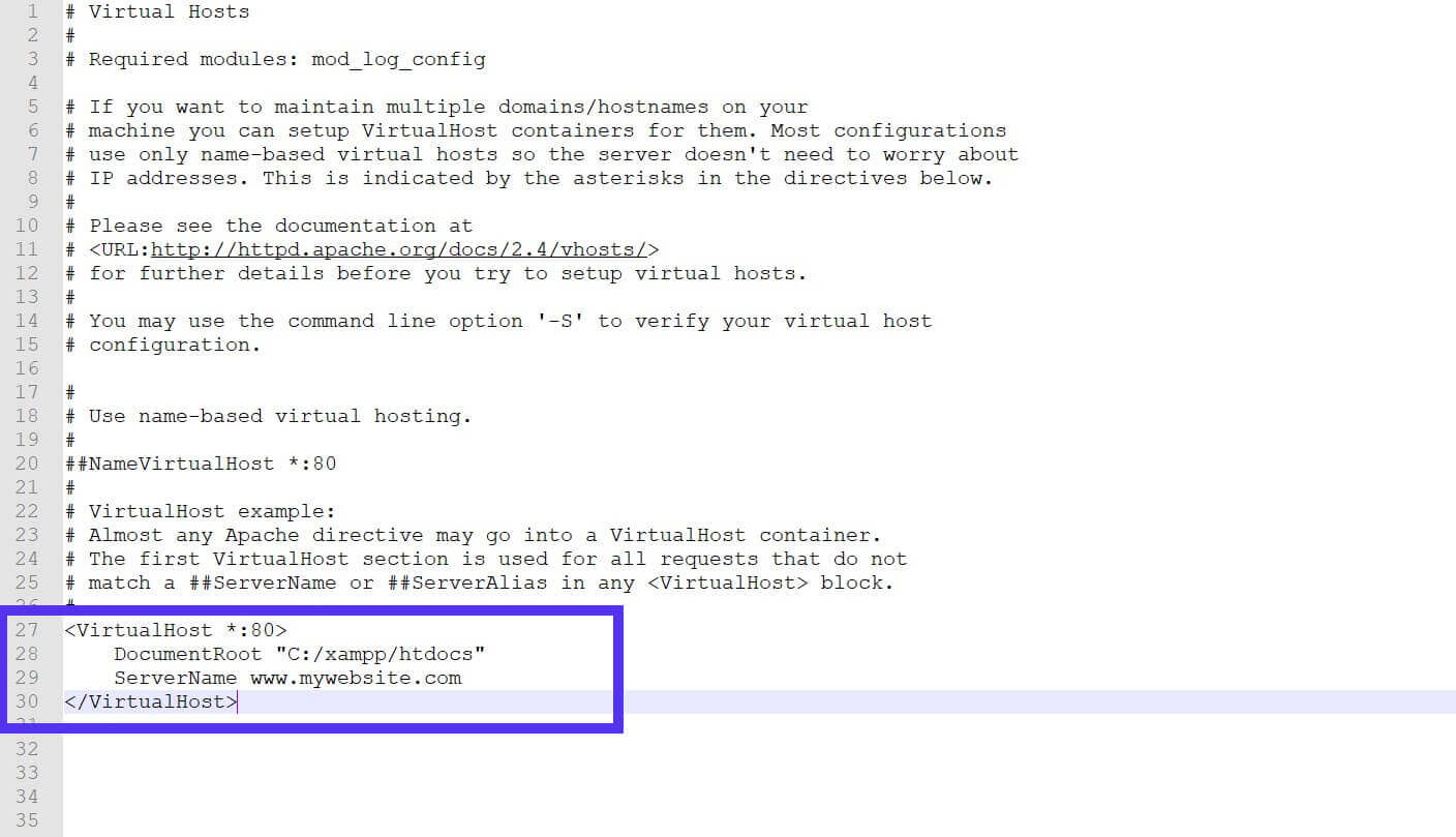 Seu httpd-vhosts.conf inicial pode parecer algo parecido com isto.