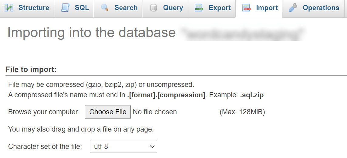 importul unui fișier de bază de date prin phpMyAdmin.