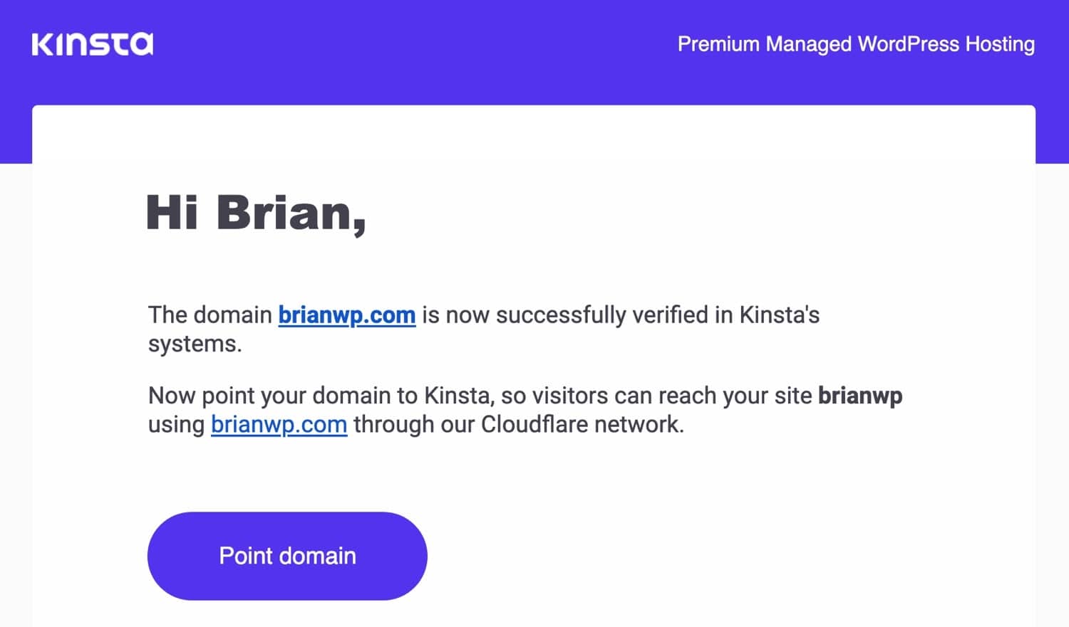 Email di verifica del dominio da parte di Kinsta