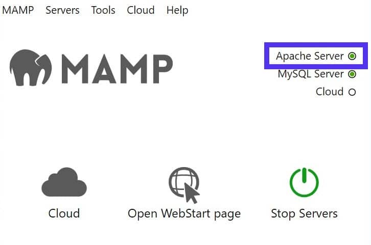 A luz do Apache Server na janela do MAMP não ficará verde se não iniciar.