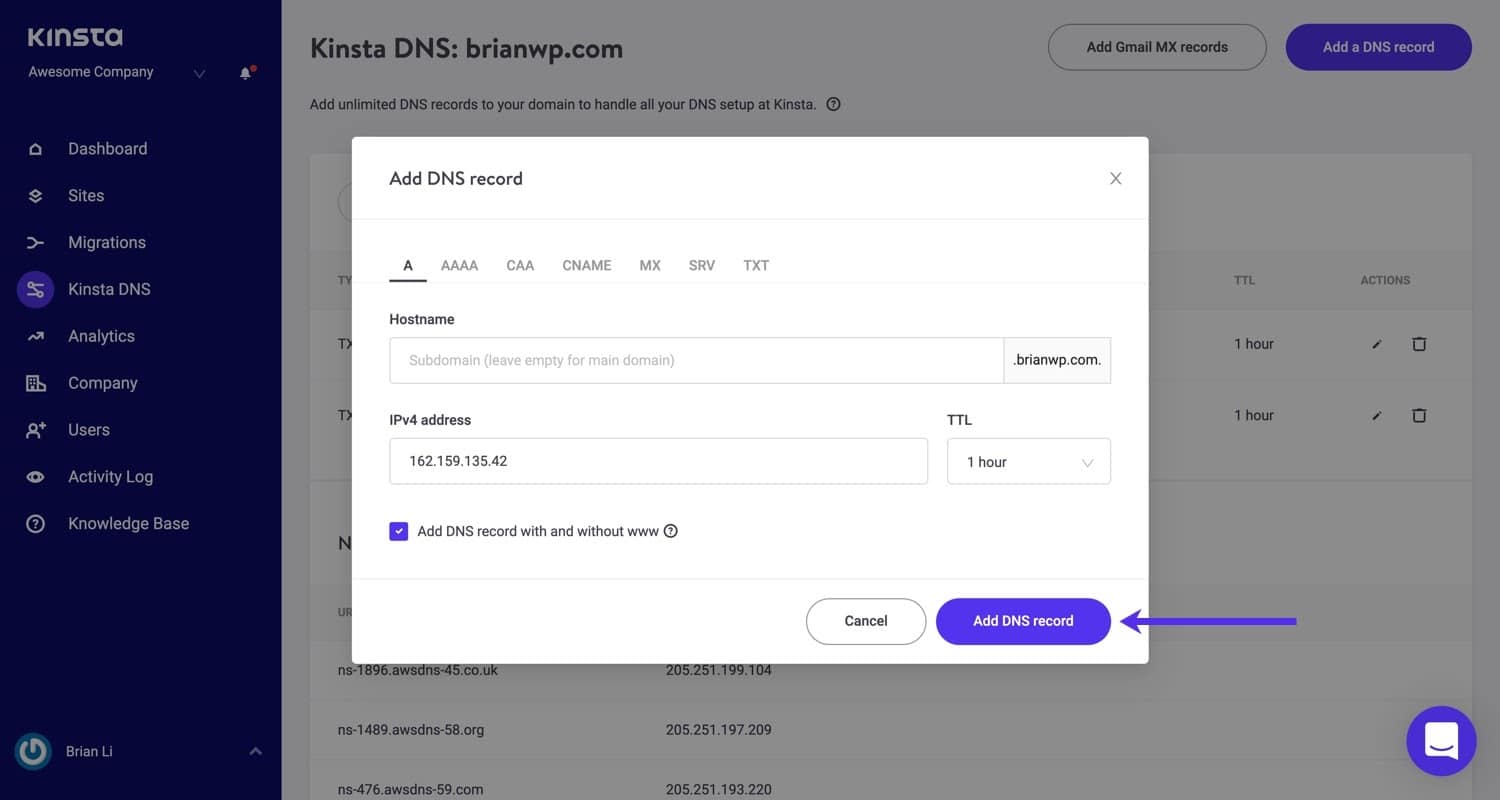 Create an A record in Kinsta DNS