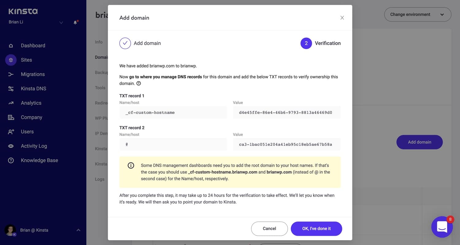 TXT records to verify your domain in MyKinsta.