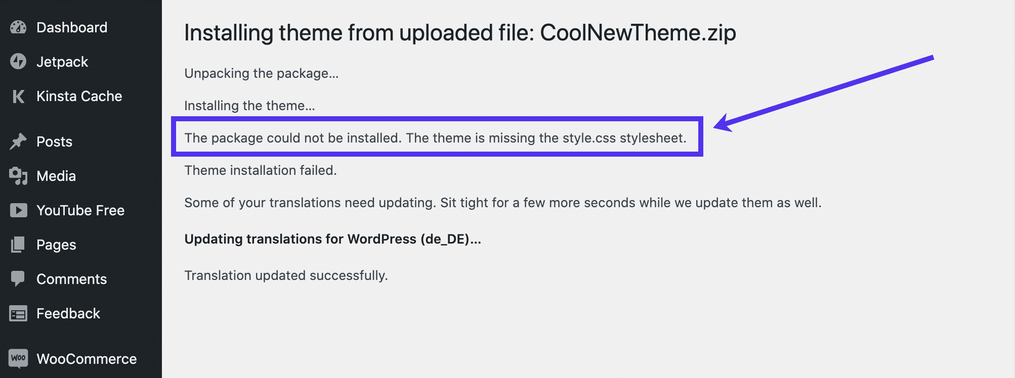 The package could not be installed. The theme is missing the style.css stylesheet