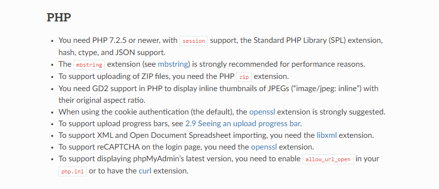 phpMyAdmin system requirements