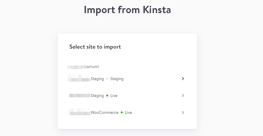 Vyberte, který web Kinsta chcete importovat.