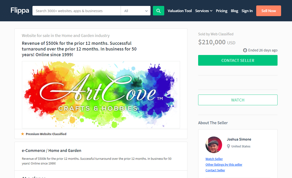 ArtCove Flippa listing.