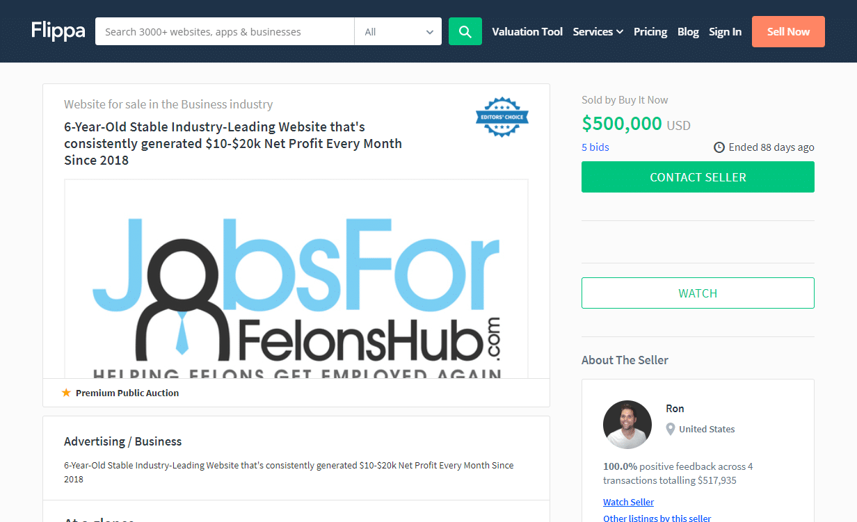 Jobs For Felons Hub Flippa listing.