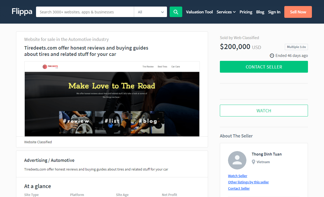 Tiredeets.com Flippa listing.