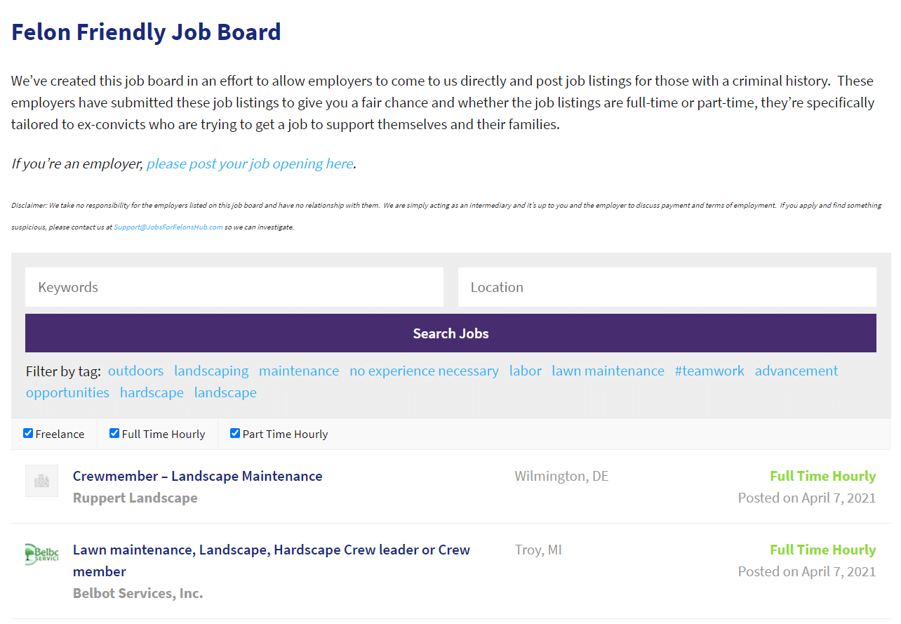 Tableau d’emplois Jobs For Felons.