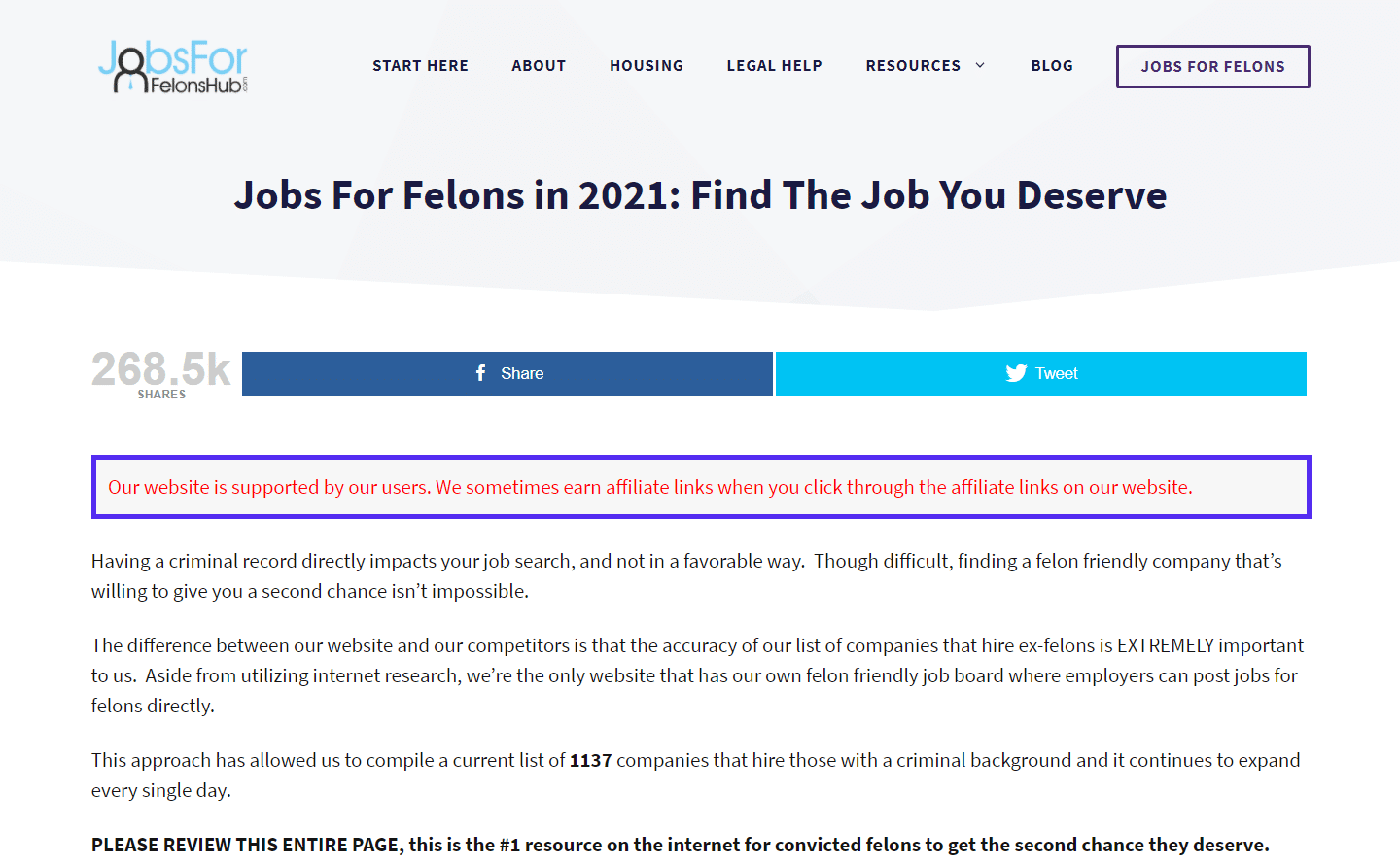 Jobs For Felons Hub website melding over partnerlinks